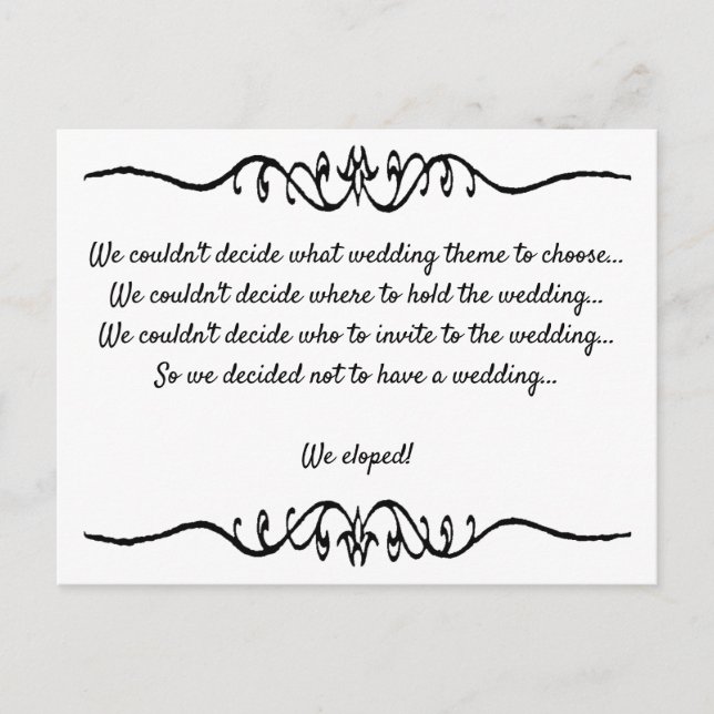 Postal De Anuncios Elegante Simple Blanco y Negro Nos Fugamos (Anverso)