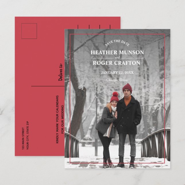 Postal De Anuncios Elegante Simple Borde Foto Boda Guardar la Fecha (Anverso / Reverso)