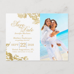 Postal De Anuncios Elegante Simple Rosa Floral Dorado Fecha de Guarda