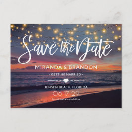 Postal De Anuncios Elegante Sunset Beach String Luces Boda de verano