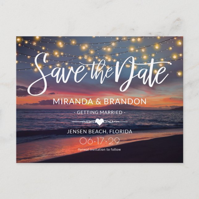 Postal De Anuncios Elegante Sunset Beach String Luces Boda de verano (Anverso)
