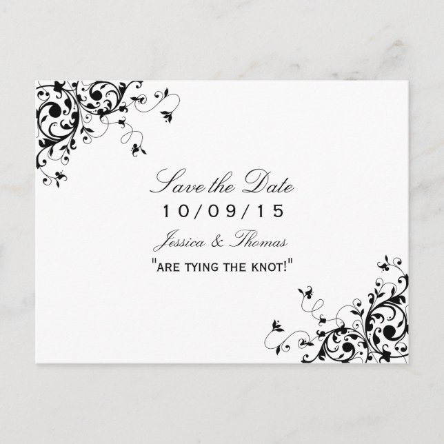 Postal De Anuncios Elegante Swirls Boda Blanca y Negra Ahorra La Fech (Anverso)