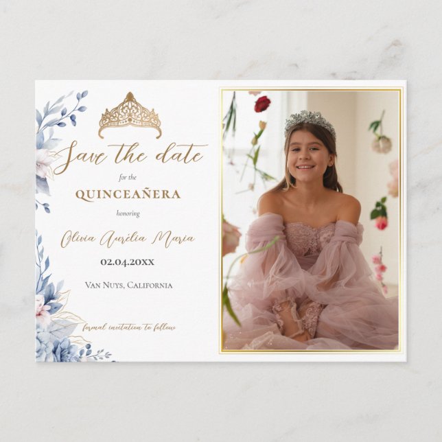 Postal De Anuncios Elegante Tiara Quinceañera Foto Guardar fecha (Anverso)