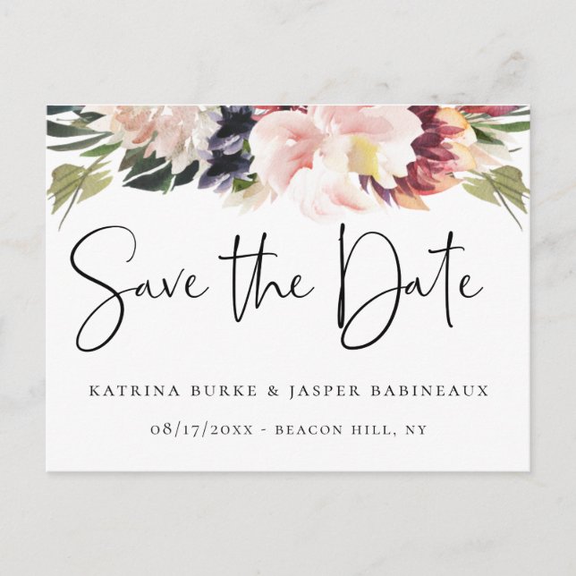 Postal De Anuncios Elegante tono rosa floral ciruela Save the Date (Anverso)