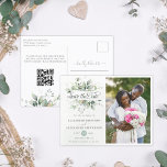 Postal De Anuncios Elegante vegetación rústica eucalipto boda código<br><div class="desc">Esta romántica y elegante boda floral Save The Date fotografía postal presenta un diseño botánico de moda que presenta un elegante ramo de vegetación acuática clara y aireada y hojas de eucalipto complementadas con especkles dorados purpurinoso (impresos) y es de fácil personalizable con una de sus fotos favoritas de compromiso....</div>