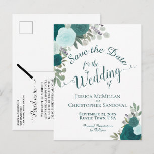 Postal De Anuncios Elegante Verde azulado Rosas turquesa casar salva