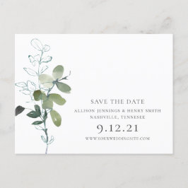 Postal De Anuncios Elegante Verde de Eucalipto para Boda Save the Dat