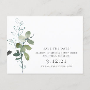 Postal De Anuncios Elegante Verde de Eucalipto para Boda Save the Dat