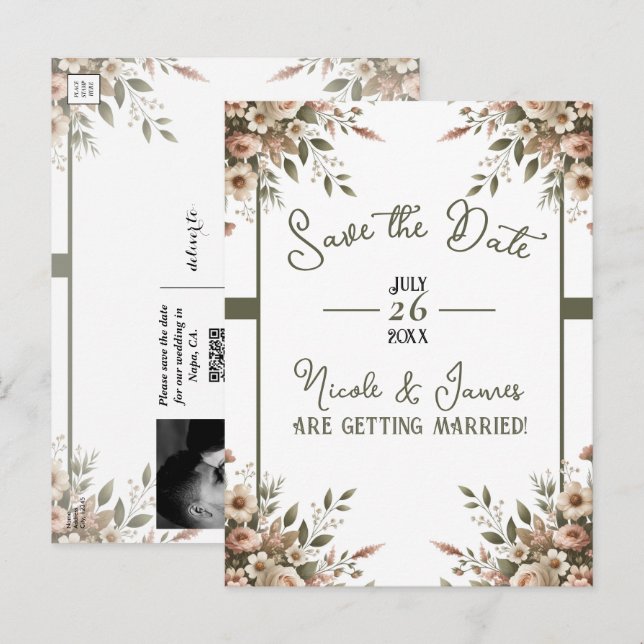 Postal De Anuncios Elegante Verde Oliva y Floral Blanco Salva la Fech (Anverso / Reverso)