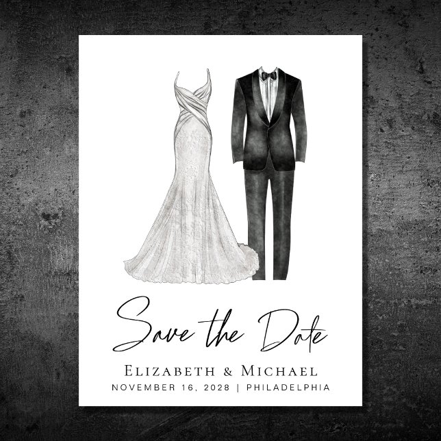 Postal De Anuncios Elegante vestido de novia esmoquin acuarela (Subido por el creador)