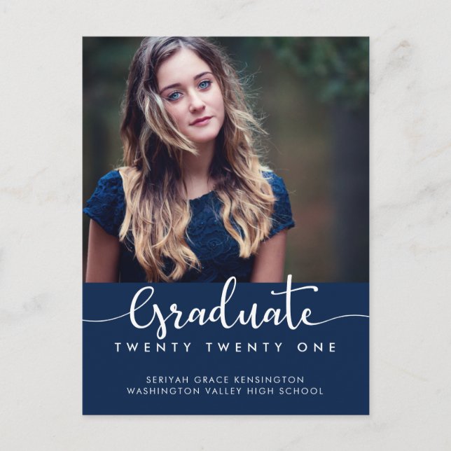 Postal De Anuncios Elegante y moderno guión de graduación azul foto (Anverso)