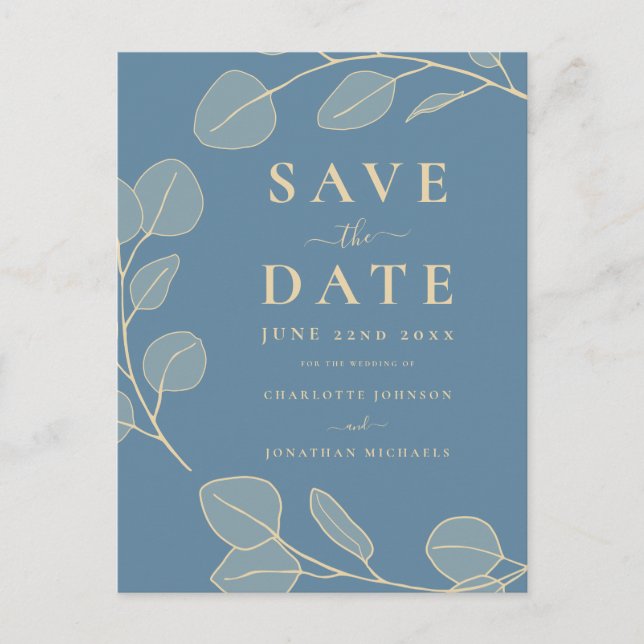 Postal De Anuncios Elegantes Hojas Simples Modernas Boda Azul (Anverso)