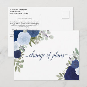 Postal De Anuncios Elegantes Rosas Azules Rústicas Cambio de Planes d