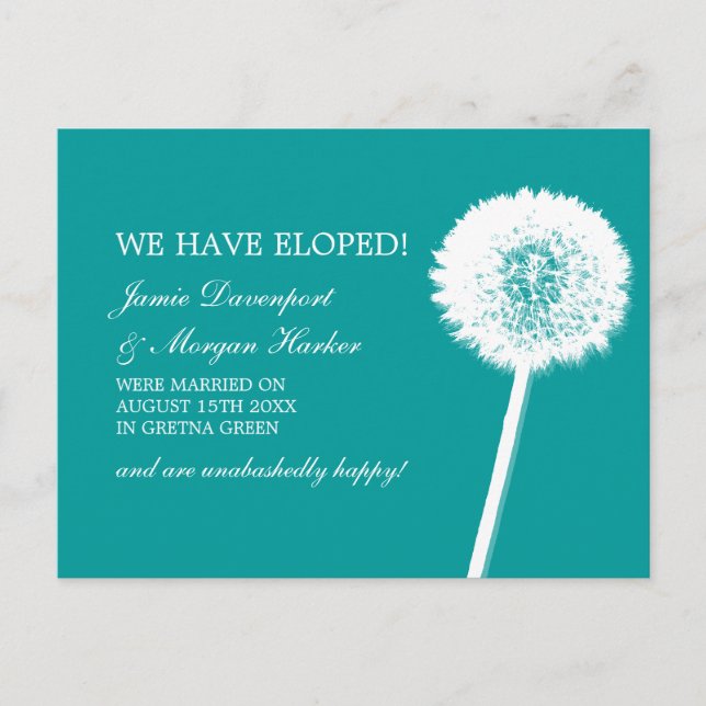 Postal De Anuncios Elopement blanco y Verde azulado de Dandelion (Anverso)