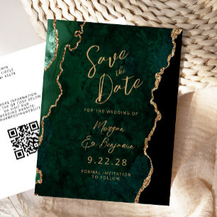 Postal De Anuncios Emerald Green Gold Agate QR Code Save the Date