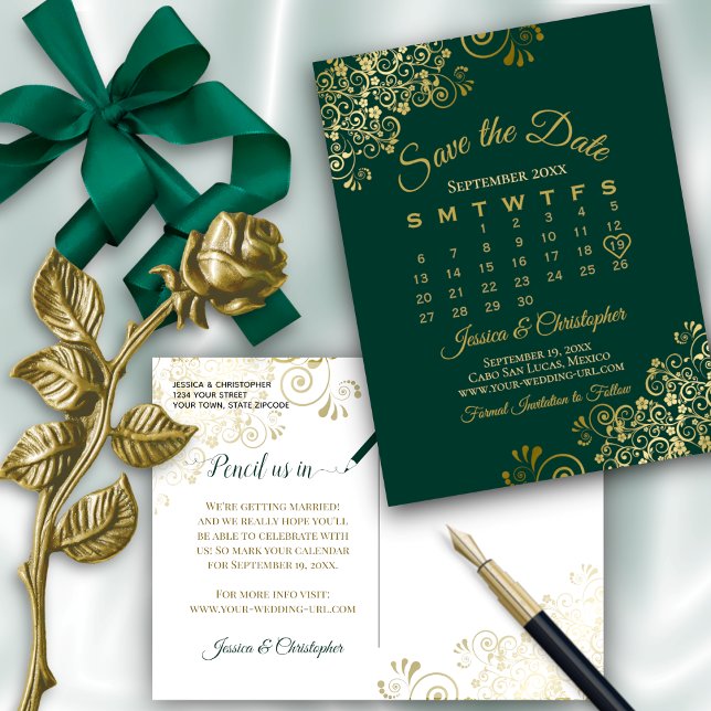 Postal De Anuncios Emerald Green Gold Wedding Save the Date Calendar (Front and Back)