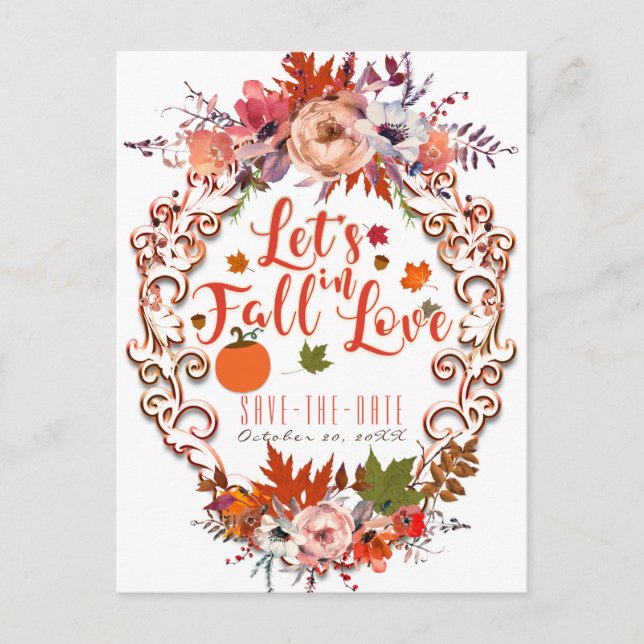 Postal De Anuncios Enamorémonos Floral de otoño salvamos la fecha (Anverso)