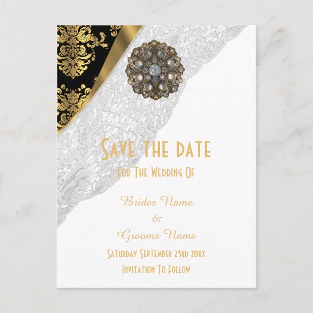 Postal De Anuncios Encaje blanco, damasco negro y dorado para aviso d (Anverso)