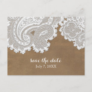 Postal De Anuncios Encaje Blanco y Marrón Elegante Boda Chic Rústica