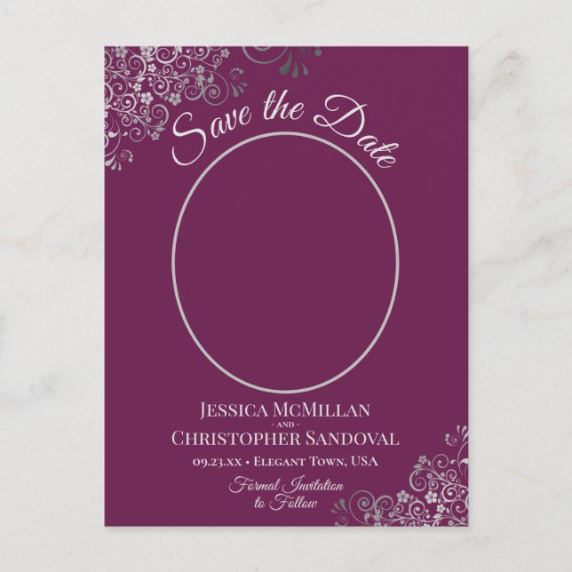 Postal De Anuncios Encaje plateado en boda magenta Guardar foto de fe (Anverso)