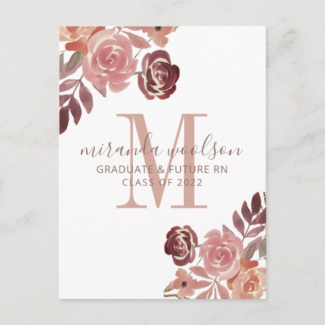 Postal De Anuncios Enfermera de graduación Monograma Floral de Borgoñ (Anverso)