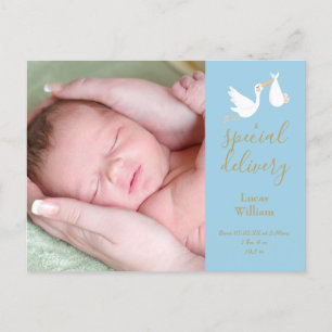 Postal De Anuncios Entrega Especial Cigüeña Bebé Niño Foto Azul Nacim