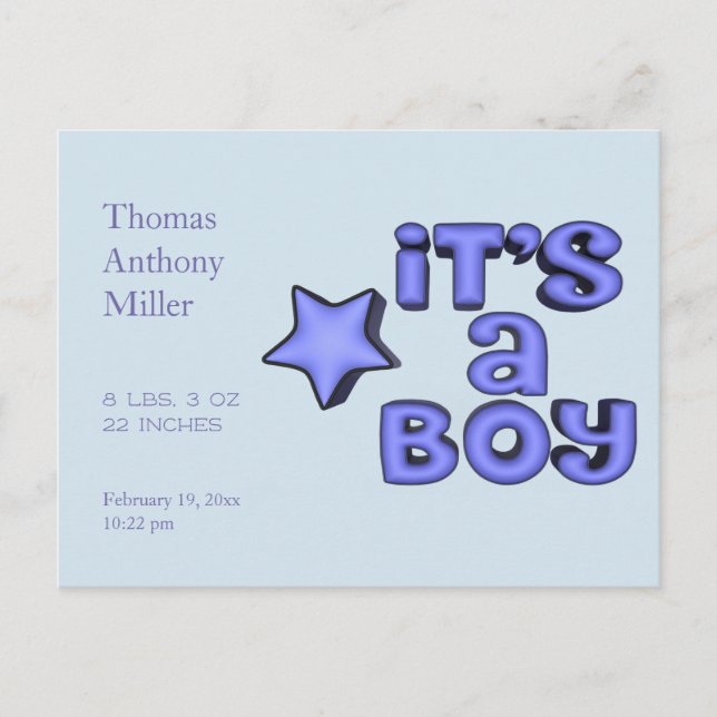 Postal De Anuncios Es un niño con estrella azul 3D hinchada (Anverso)