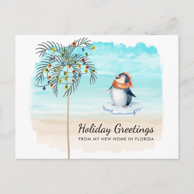 Postal De Anuncios Escena de playa de pingüino lindo Palma de vacacio (Anverso)