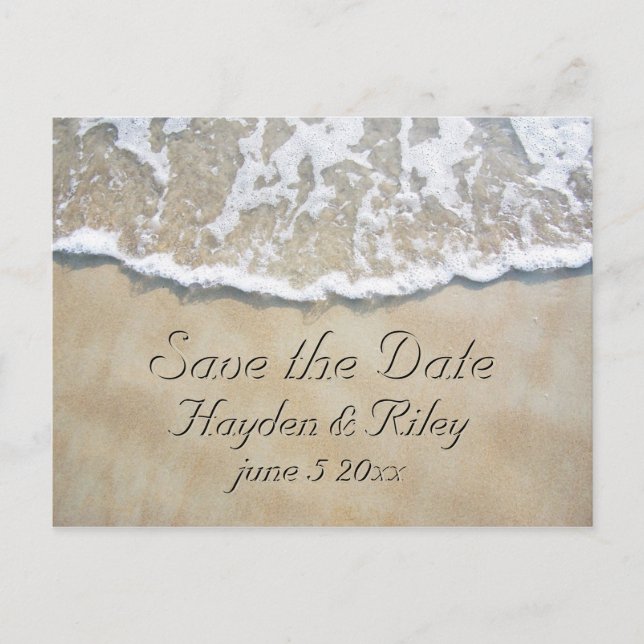 Postal De Anuncios Escrito en Sand Beach Save the Date (Anverso)