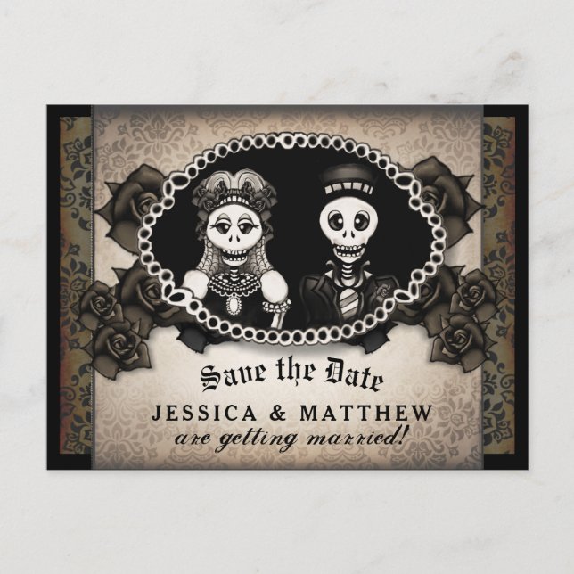 Postal De Anuncios Esqueletos de antigüedades de Halloween Boda Brown (Anverso)