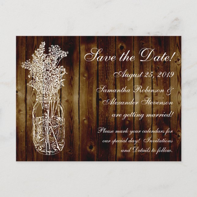 Postal De Anuncios Estampilla Mason Jar/Madera oscura Salven la fecha (Anverso)