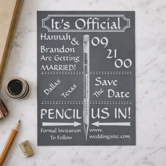 Postal De Anuncios Estilo de Pizarra Antigua Guardar la Fecha / Invit (Fun vintage style typography "Pencil Us In" save the date card. Unique way to introduce your wedding)
