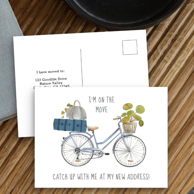 Postal De Anuncios Estoy en movimiento para moverme con la bicicleta  (New Address postcard with whimsical bicycle theme)