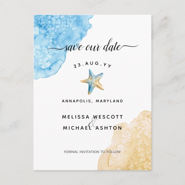 Postal De Anuncios Estrella de Mar Acuarela Elegante Costero Salva Nu (Anverso)