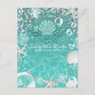 Postal De Anuncios Estrella de mar encantada teal y burbujas para gua