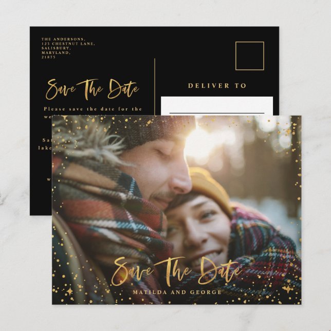 Postal De Anuncios Estrellas doradas guion foto boda moderna (Anverso / Reverso)