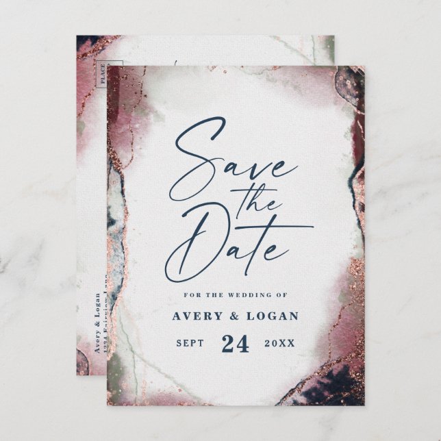 Postal De Anuncios Etéreo Burgundy y Azul Marino Avisa de Boda Guarda (Anverso / Reverso)