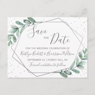 Postal De Anuncios Eucalipto Geométrico de Plata Salvar Fecha