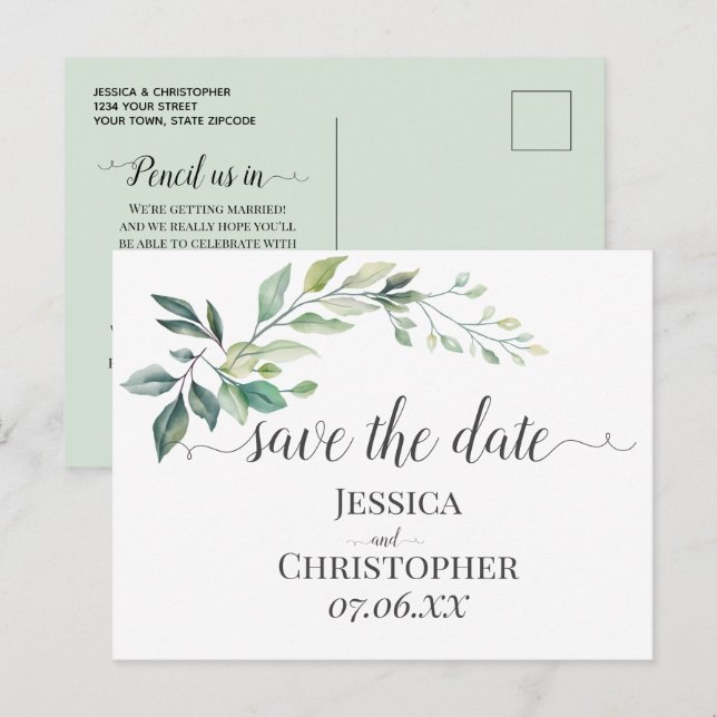 Postal De Anuncios Eucalipto Hojas Verde Modernas Acuarela (Anverso / Reverso)