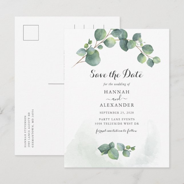 Postal De Anuncios Eucalipto Verde Script Botánico Guardar la Fecha (Anverso / Reverso)