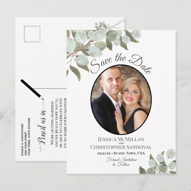 Postal De Anuncios Eucalipto y Foto Boda Blanca Guardar la Fecha (Anverso / Reverso)