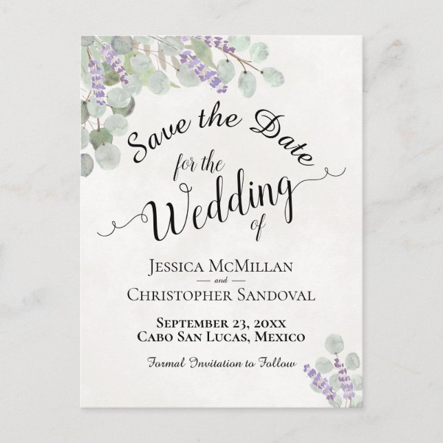 Postal De Anuncios Eucalipto y Lavanda Boda Blanca Avisa la Fecha (Anverso)