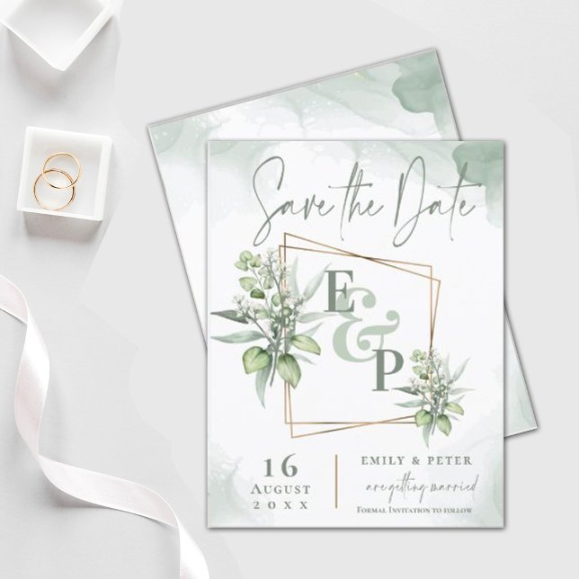 Postal De Anuncios Eucalyptus deja marco de oro Boda de vegetación Gu (Subido por el creador)