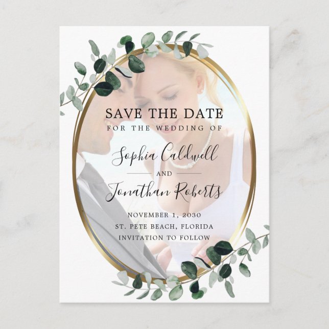 Postal De Anuncios Eucalyptus Gold Photo Wedding Salven la fecha (Anverso)