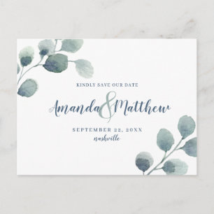 Postal De Anuncios Eucalyptus Greenery Save the Date Blue Watercolor