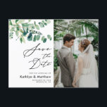Postal De Anuncios Eucalyptus Greenery Script Boda Guardar La Fecha<br><div class="desc">Eucalyptus Greenery Modern Script Foto Boda Anuncio Postcard Guardar La Fecha. Deja que tu familia, amigos y colegas sepan que has fijado una fecha para tu celebración de boda con esta elegante, moderna y sofisticada tarjeta de guardar la fecha de boda. Todos los textos están preestablecidos para que puedas personalizarlos...</div>