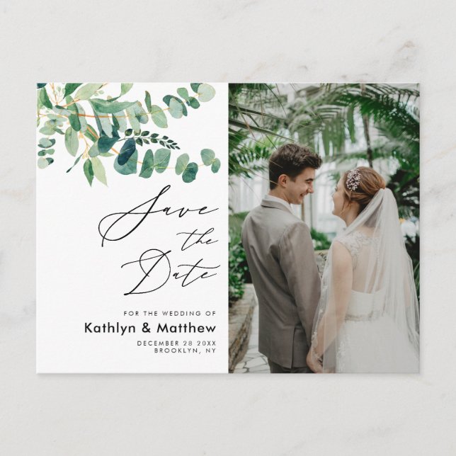 Postal De Anuncios Eucalyptus Greenery Script Boda Guardar La Fecha (Anverso)