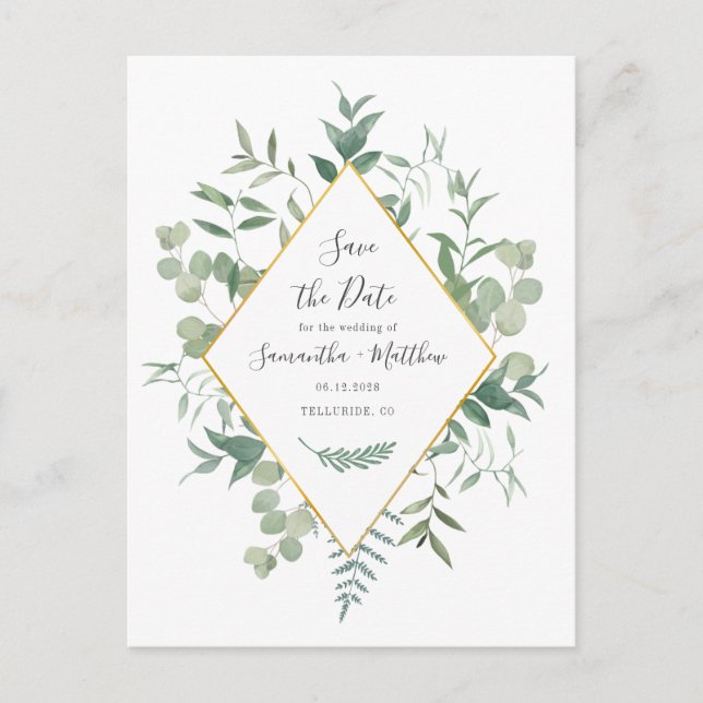 Postal De Anuncios Eucalyptus Greenery Watercolor Foliage Save Date (Anverso)