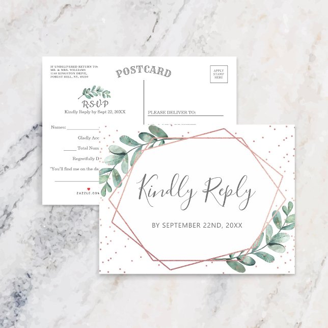 Postal De Anuncios Eucalyptus Rosa Geométrico Boda Relieve metalizado (Subido por el creador)