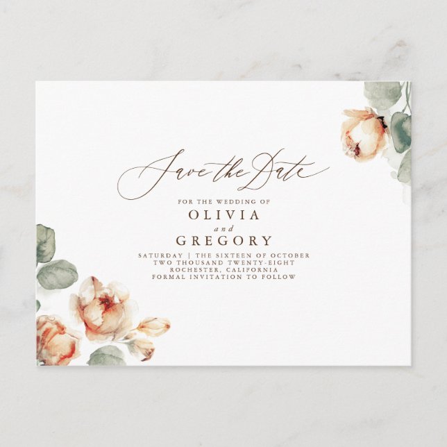 Postal De Anuncios Fall Floral Elegant Save the Date (Anverso)